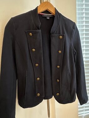 Tommy Hilfiger Black Military-Inspired Double-Breasted Blazer gold button, monog
